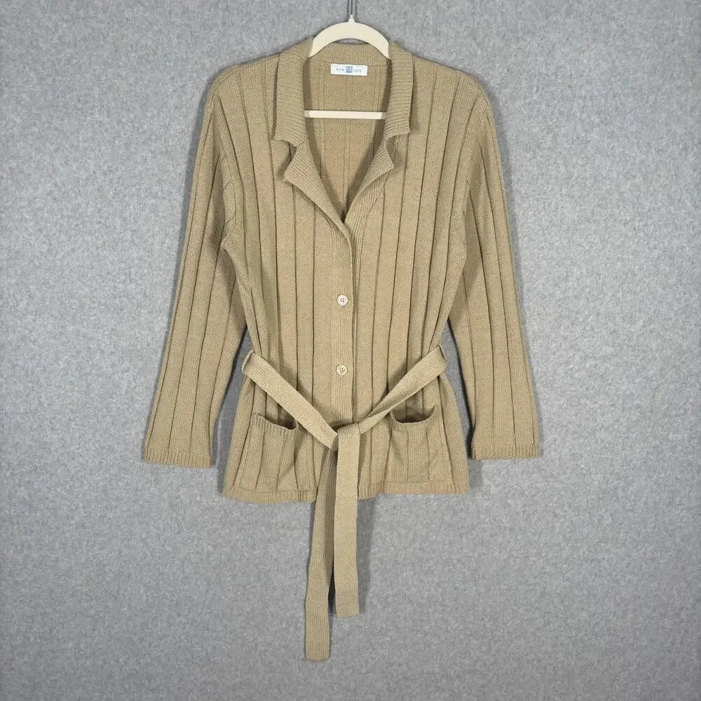 New Look Cardigan Sweater Large Tan Pockets Ribbed Neutral Quiet Luxury Academia